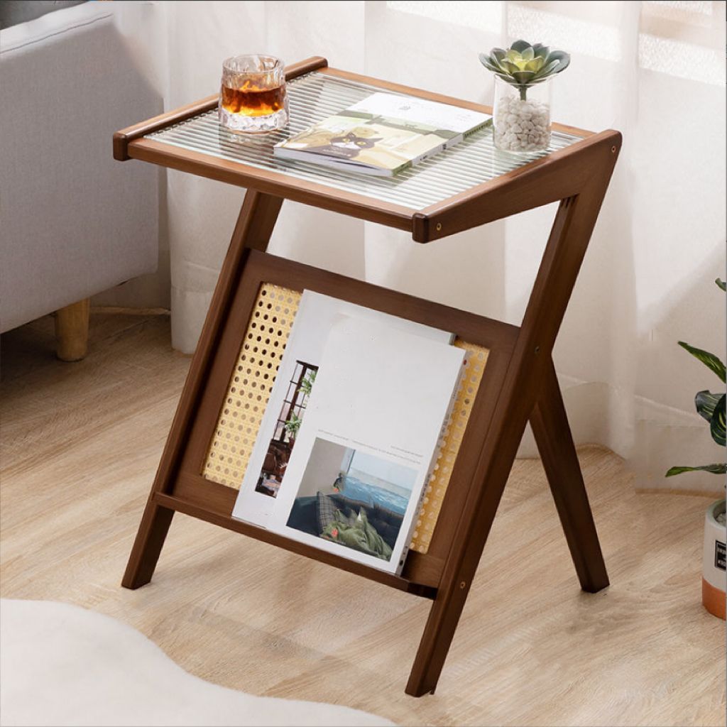 Modernistic Glass Top 4 Legs Rectangular Living Room Accent Side Table