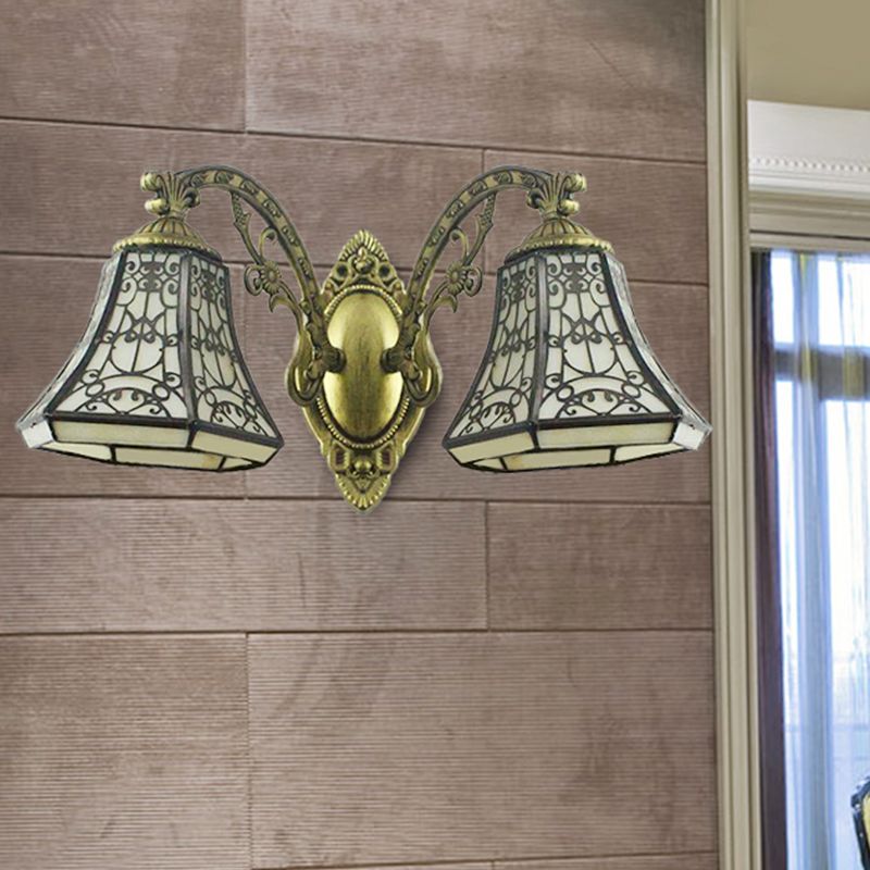 Beige Glass Bell Wall Lighting with Fence Design 2 Heads Rustic Lodge Sconce Light