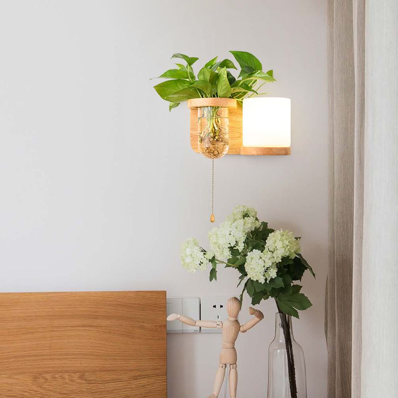 Modern Style Wall Light Wood 1 Light Sconces in White for Bedroom without Plant