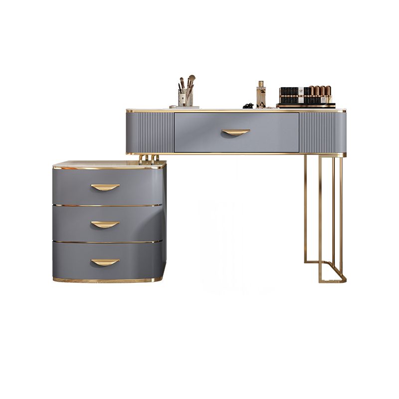 Solid Wood Drawers Vanity Set with Stone Top & Padded Stool in Grey