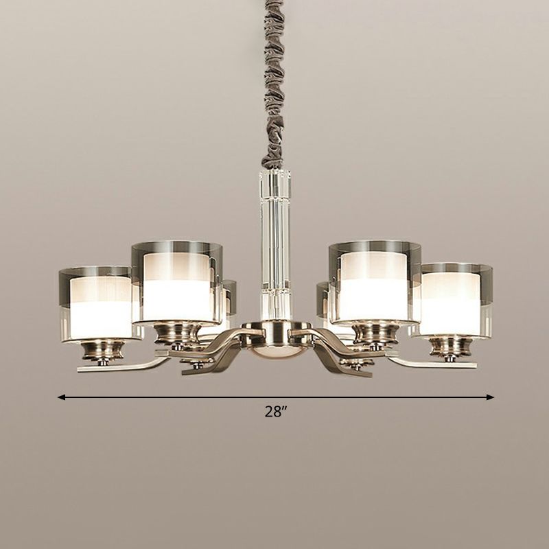 Cylindrical Restaurant Chandelier Frosted and Smoke Grey Glass Modern Hanging Light in Chrome