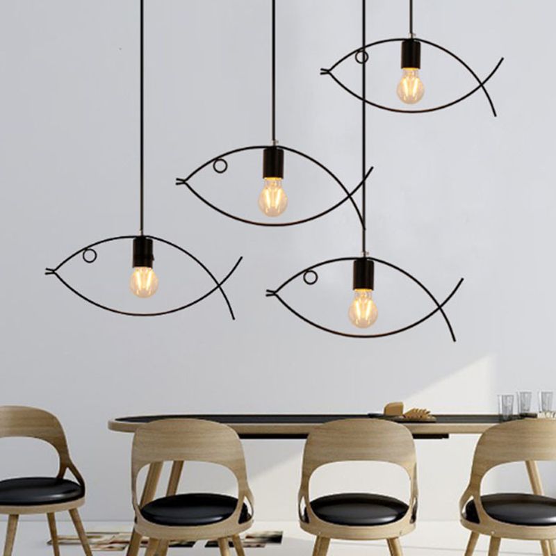 Pendant Lighting Fixture Industrial Style Dinning Room Hanging Ceiling Light with Fish Metal Shade in Black