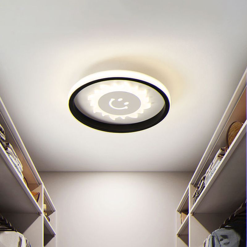 Circular LED Flush Light Fixture Cartoon Acrylic Black Ceiling Mount Lamp with Smile/Anchor/Panda Pattern