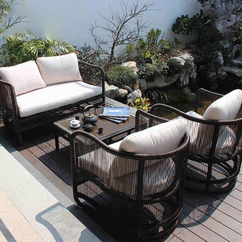 Tropical Patio Sofa UV Resistant Wicker/Rattan Black Fabric Outdoor Patio Sofa