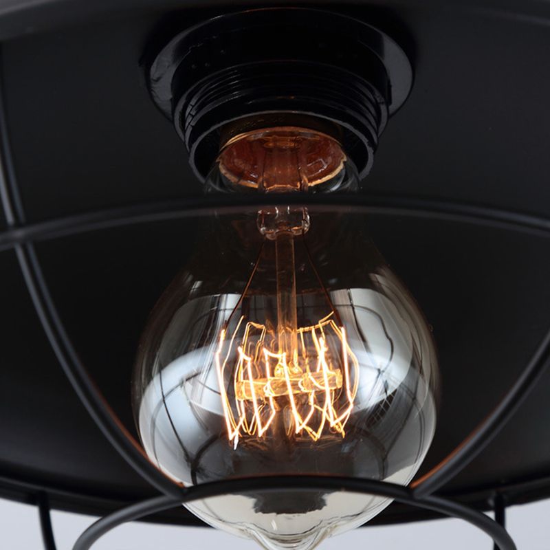 Wire Cage Ceiling Mounted Fixture Retro Style Black Metal Semi Flush Mount Light