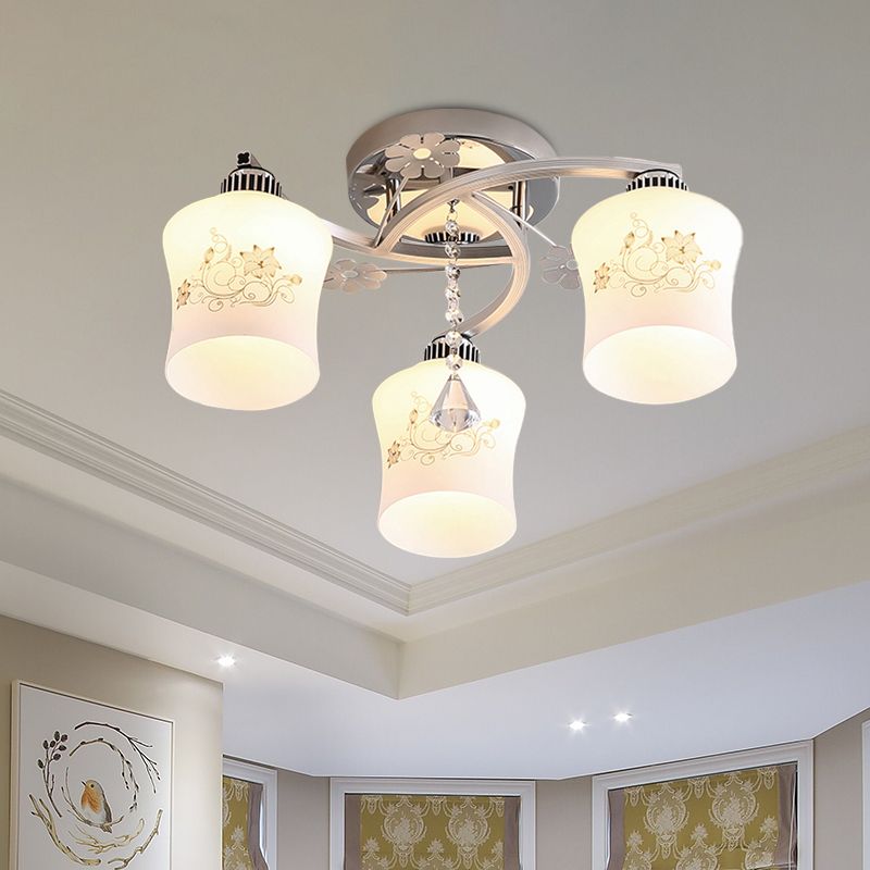 Patterned White Glass Cylinder Semi Flush Light Modernism 3-Head Spiral Close to Ceiling Lamp in Chrome