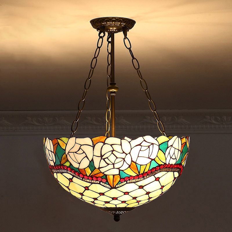 Bowl Shade Suspension Lighting Stained Art Glass Tiffany-Style Pendant Ceiling Light
