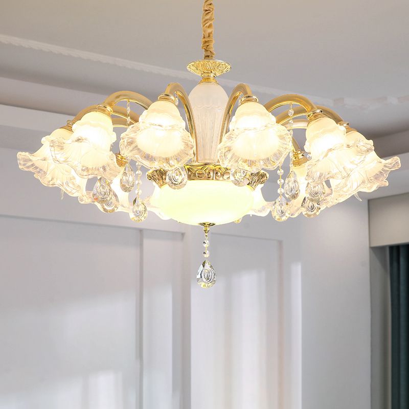 Gold Floral Shade Ceiling Lighting Traditional Ruffle Glass Living Room Chandelier Light with Crystal Draping