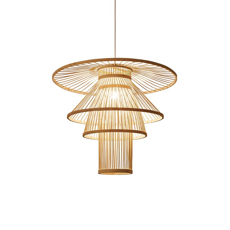 Wood Layered Suspension Light Simplicity 1 Bulb Bamboo Pendant Lighting for Tea Room