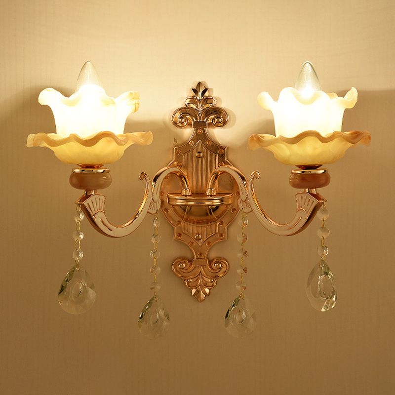 Gold Wall Mount Light Retro Glass Floral Shade Wall Lighting with Hanging Crystal