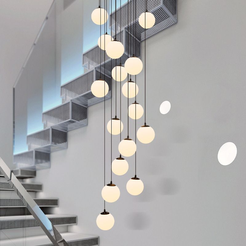 White Glass Cluster Globe Pendant Simplicity Black Multi-Light Ceiling Lamp for Staircase