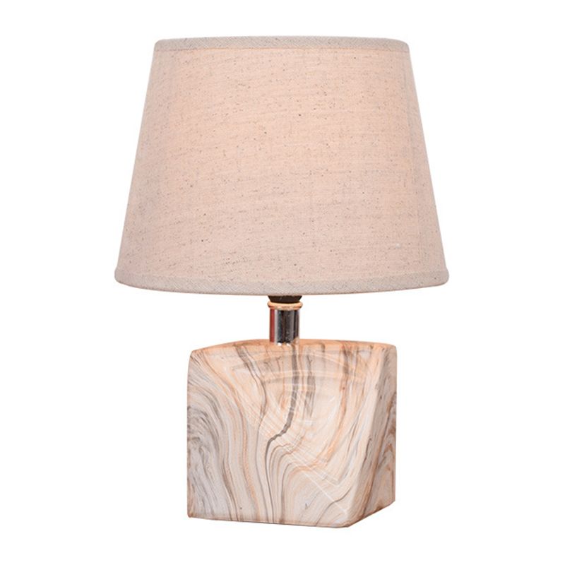 Tapered Fabric Table Lighting Rustic 1 Bulb Bedside Night Lamp with Wood Grain Block Base in White