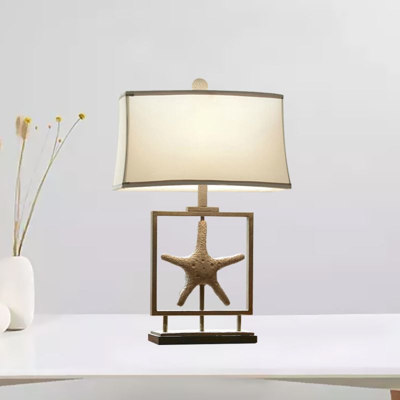 1 Bulb Table Stand Lamp Rustic Starfish Resin Night Light with Rectangle Fabric Shade in White
