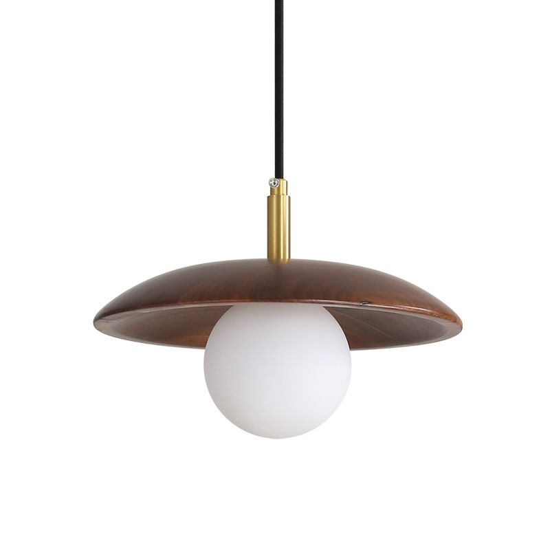 Witte glazen bal/broodje suspensielamp modernisme 1 licht naar beneden verlichting met houten schotel top in bruin
