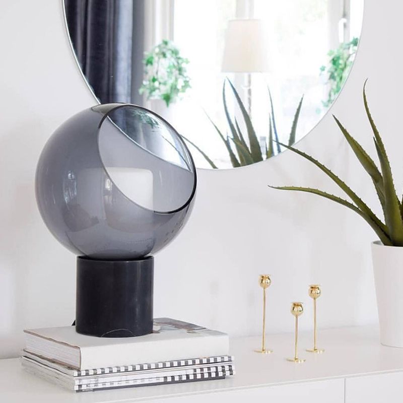 Marble Cylindrical Base Table Lamp Postmodern Black LED Nightstand Light with Globe Smoked Glass Shade
