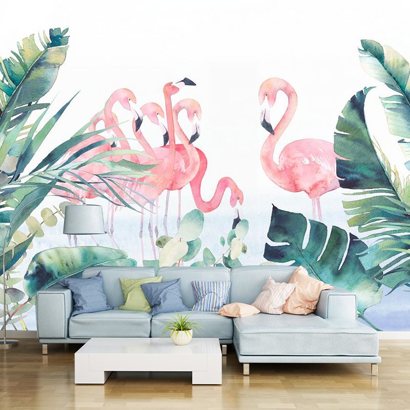 Pink-Green Tropical Wall Murals Full Size Flamingo and Leaves Painting Wall Art for Home
