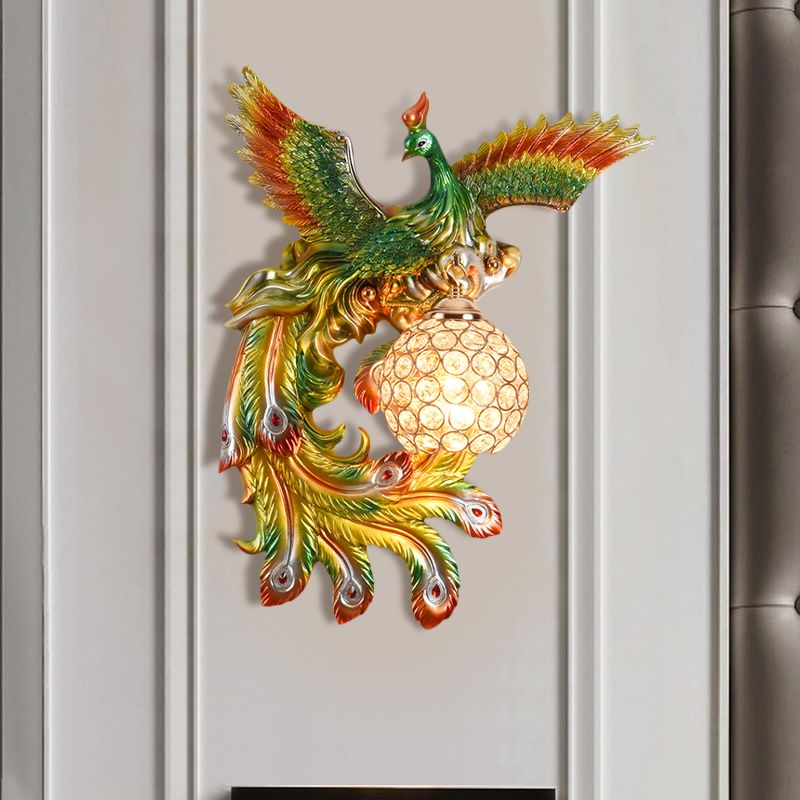 1 Bulb Flying Peacock Wall Mount Light Countryside White/Green/Gold Resin Wall Lighting Idea with Beveled K9 Crystal Shade, Left/Right