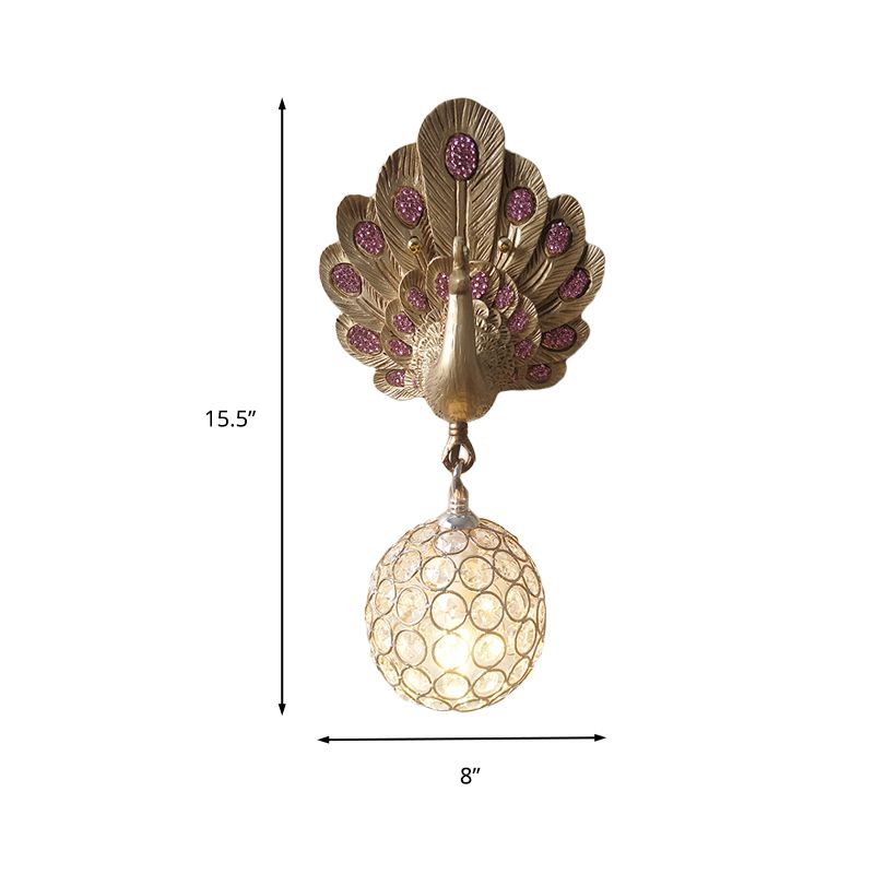 Lampe murale à l'orbe à cristal transparent avec paon résine 1 clair or / rose / mur blanc clair pour le chevet