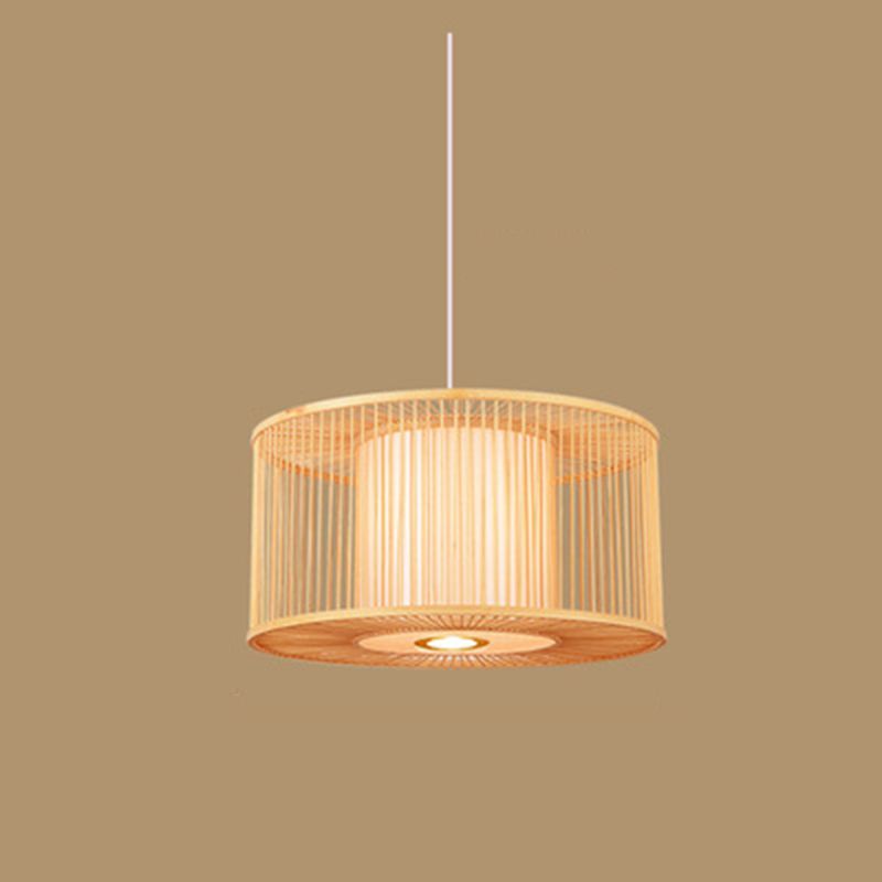 Hand-worked Drum Shaped Pendant Modern Wood 1-Light Restaurant Hanging Lighting