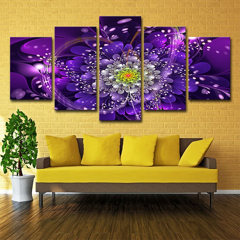 Contemporary Flowers Wall Art Print Purple Multi-Piece Canvas for House Interior