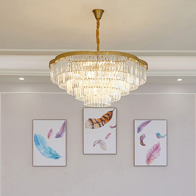 Brass Floral Layers Pendant Lamp Postmodern Crystal Prism Chandelier Light for Dining Room