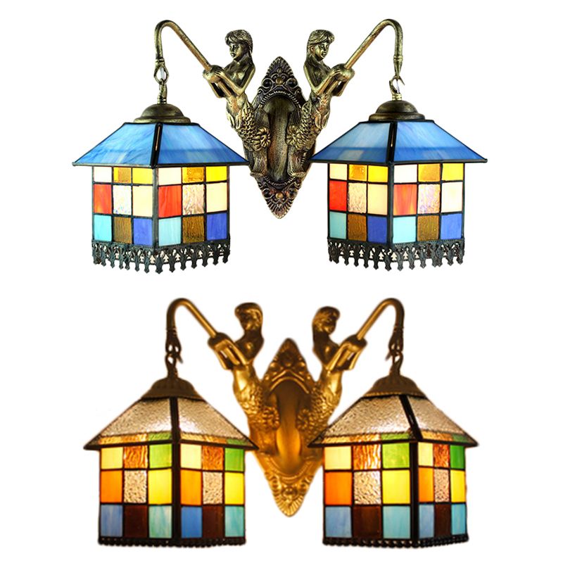 House Wall Light Fixture Tiffany Multicolor Stained Glass 2 Heads Clear/Blue Sconce Lighting