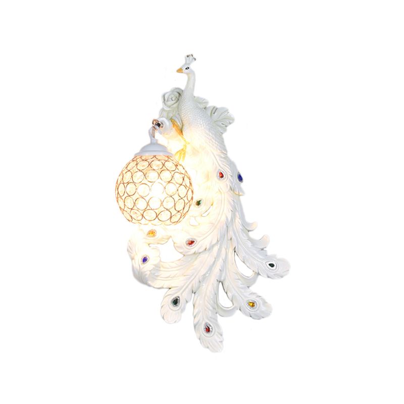 1 Light Blue/Gold Peacock Wall Lamp Country Resin 1/2-Pack Sconce Lighting with Crystal Globe Shade, Double/Right/Left