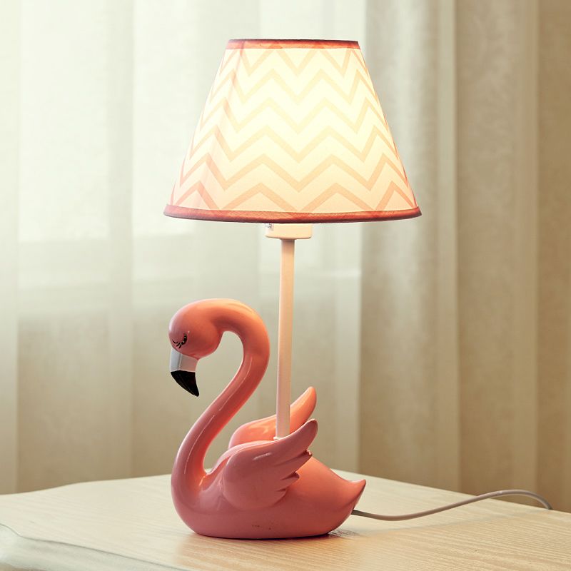 Cone Shade Bedroom Nightstand Lamp Fabric 1 Head Kid Table Lamp with Flamingo Base, Pink