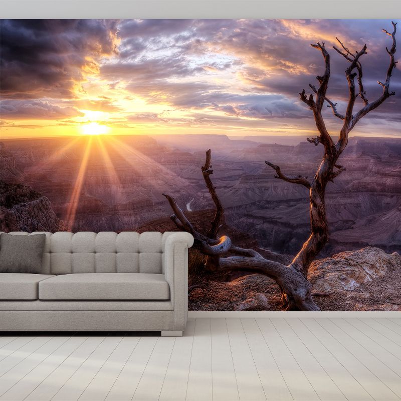 Brown Withered Branch Mural Sunset Mountain Landscape Modern Waterproof Wall Covering