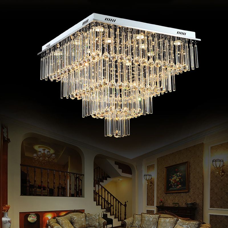 12 Bulbs Flushmount Lighting Simple Style Tiered Square Flute Crystal Ceiling Mount Light in Chrome