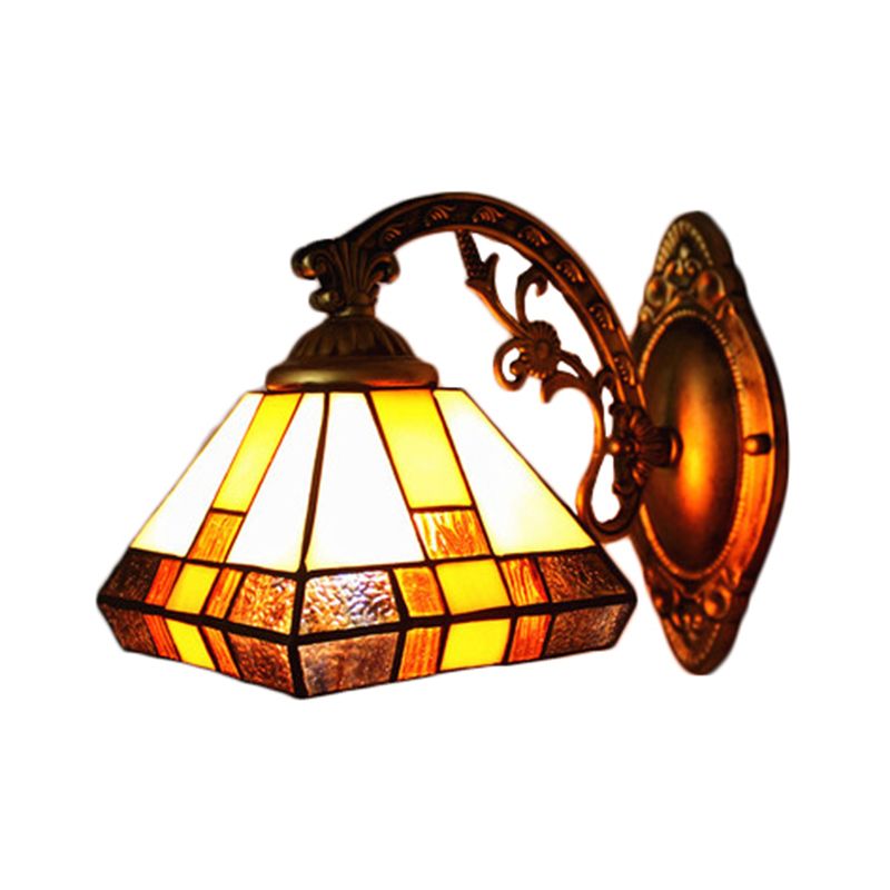 Stained Glass Tapered Wall Lighting 1 Head Mission Style Mini Wall Sconce Light in Antique Brass