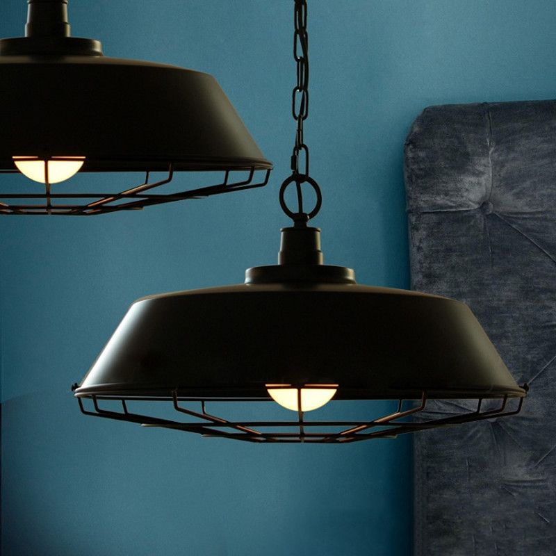 1-Light Wrought Iron Lid Shaped Hanging Light Retro Industry Style Iron Cage Shade Pendant Lamp for Restaurant