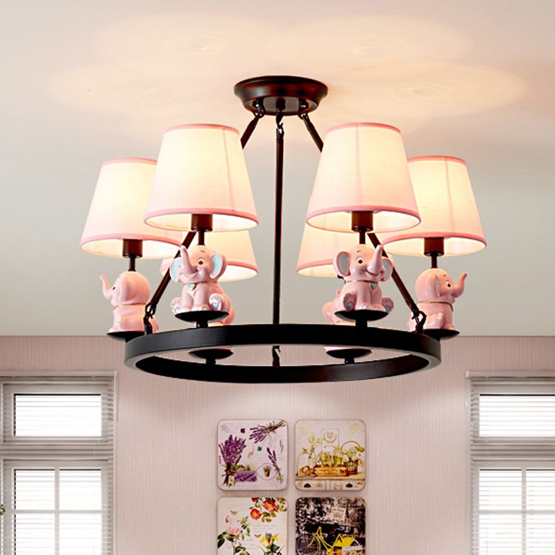 Black Ring Chandelier Lamp Cartoon 6-Head Metal Pendant Ceiling Light with Cone Fabric Shade and Pink/Blue Elephant Decor