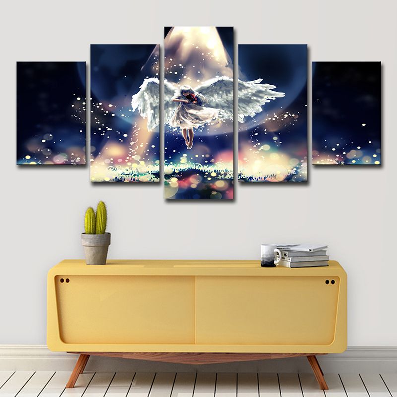 Fantasy Firefly and Angel Canvas Cartoon Multi-Piece Wall Art in Black-Blue