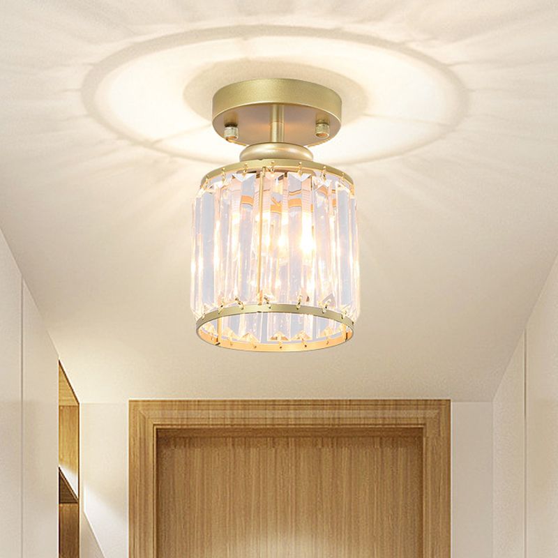 1 Light Corridor Semi-Flush Light Gold / Black Ceiling Light with Cylinder Crystal Block Shade