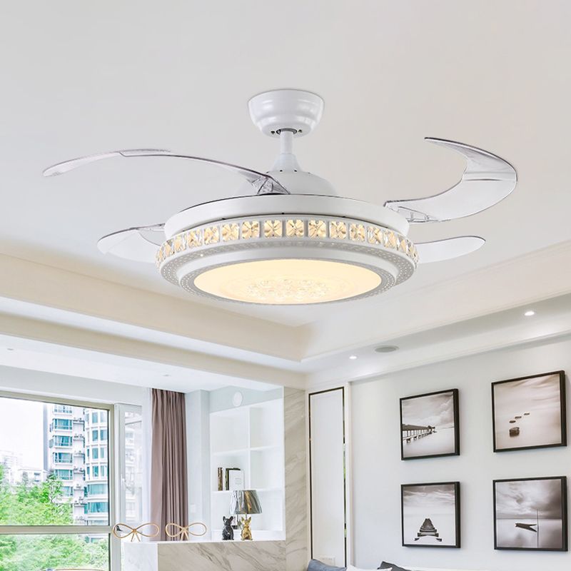 42 "W Crystal Circle Semi Flush Moderne LED LED LED -Deckenlüfterbeleuchtung in Weiß mit 4 Klingen, Wand-/Fernbedienung/Frequenzumwandlung und Fernbedienung