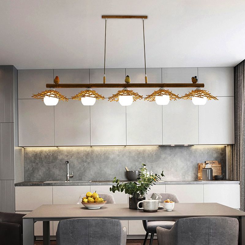 Cottage conico Isola Light Bamboo Bamboo Accensione in legno con ombra di vetro bianco cupola