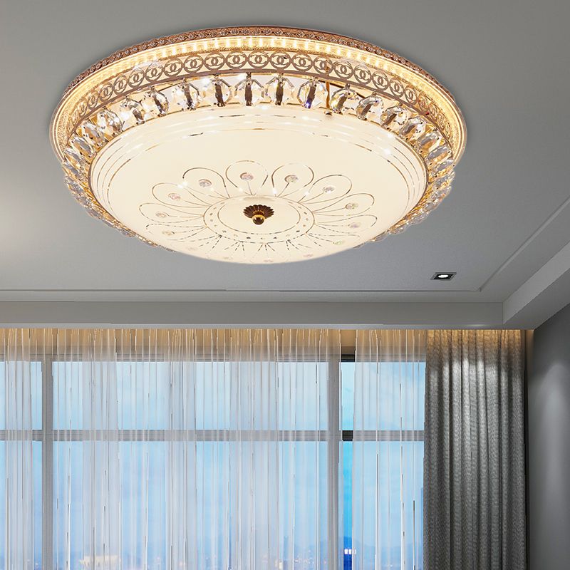 16"/19.5" W Round Flush Mount Light Bedroom Opal Glass LED Modern Flush Ceiling Light with Crystal Accent in Gold