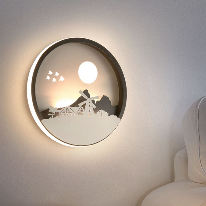 Black Round House Wall Mounted Lamp Contemporary Style LED Metallic Mural Light for Guest Room
