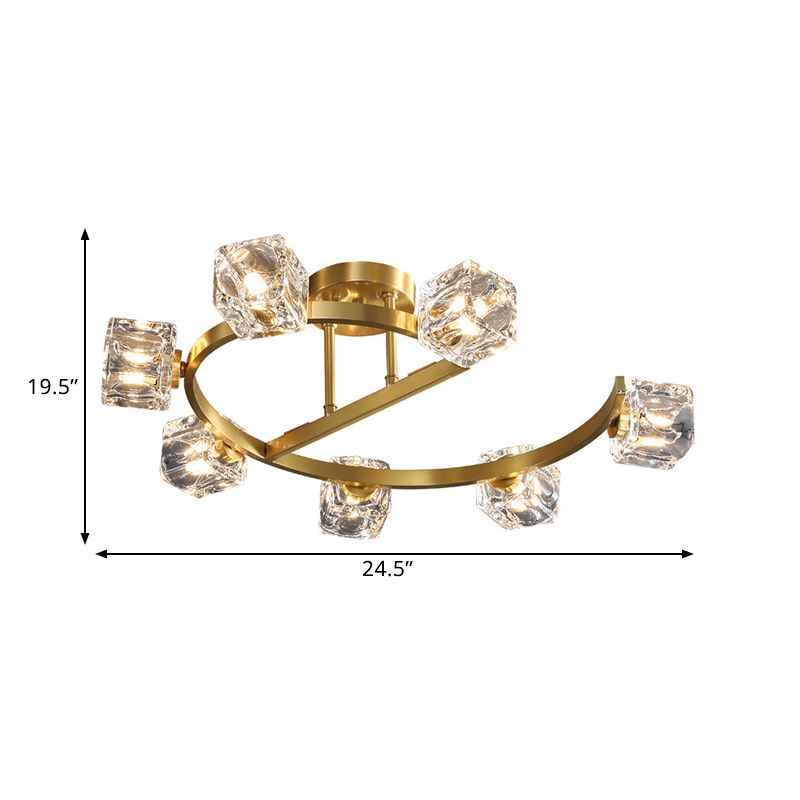 Cubic Clear Crystal Shade Deckenleuchte Contemporary 5/7 Heads Bedkammer Semi Flush Light in Gold