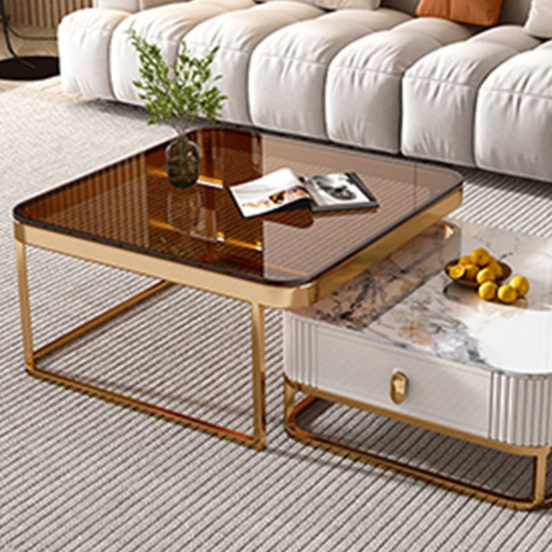 Glam Coffee Table Set Slate 2-Piece Coffee Cocktail Table with Drawer