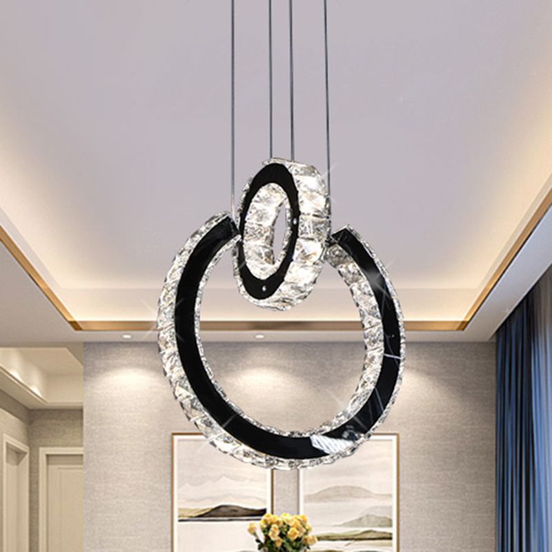Minimalist Ring Crystal Chandelier Lighting Fixture LED Hanging Ceiling Light in Black