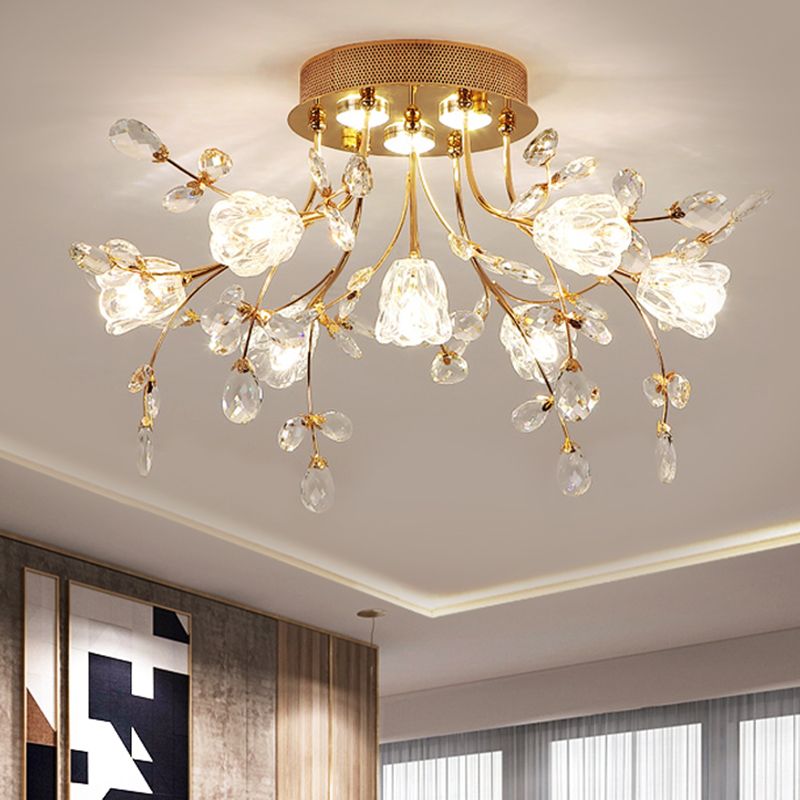 Blüte großer Raum halb Flush Mount Facetted Crystal 7 Köpfe Moderne in der Nähe der Deckenbeleuchtung in Gold
