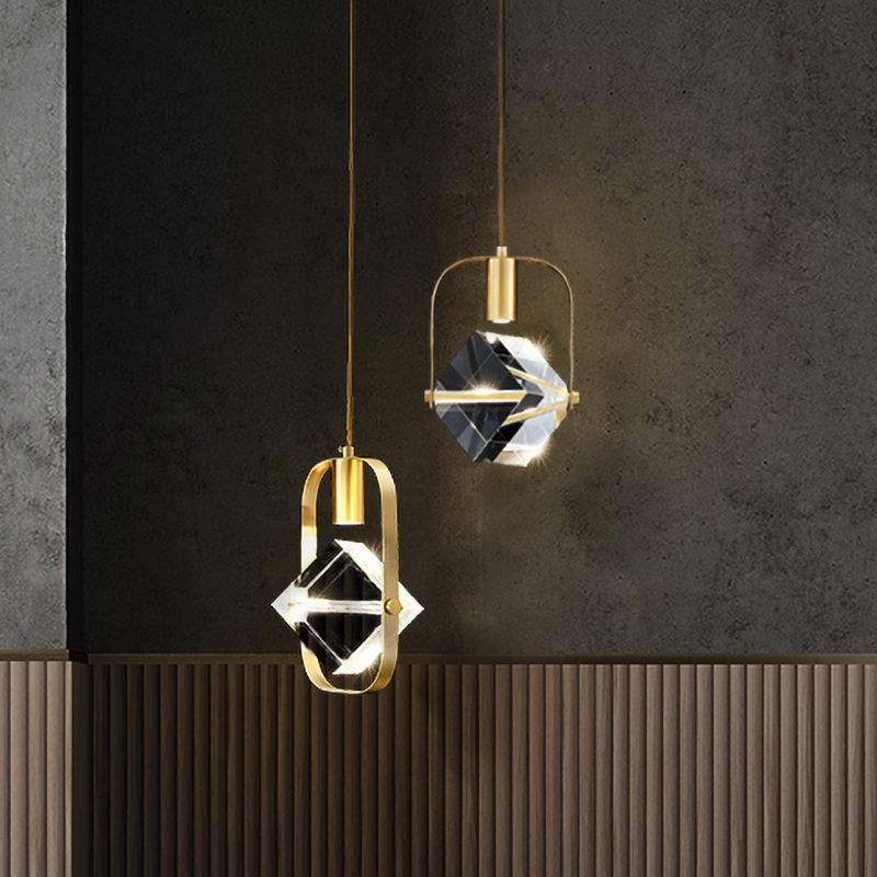 2-Head Cubic Multi Light Pendant Postmodern Gold Hanging Lamp with Metal Frame for Restaurant