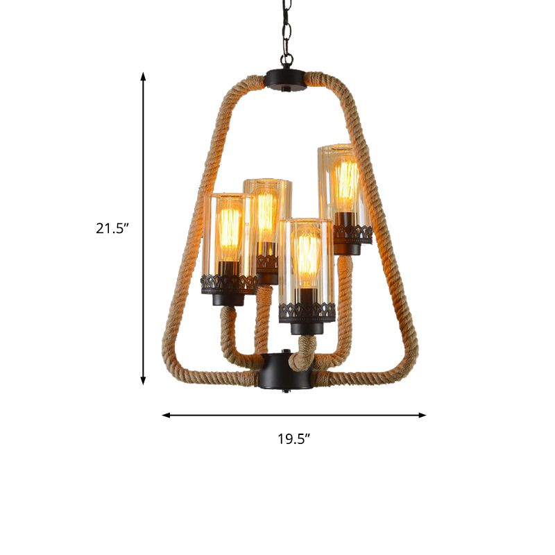 Beige 4 Lights Pendant Chandelier Traditional Rope and Glass Cylinder Hanging Light
