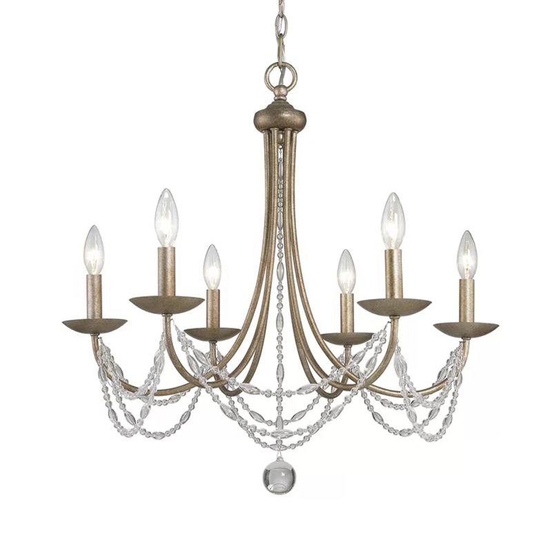 Candle Style Bedroom Chandelier Countryside Metal 6-Light Suspension Lighting with Crystal Deco