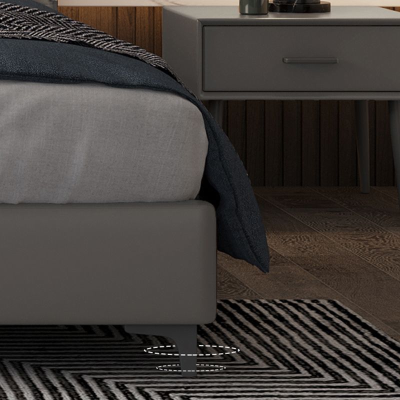 Wooden Modern Grey Bed Frame with Headboard, Genuine Leather Panel Bed