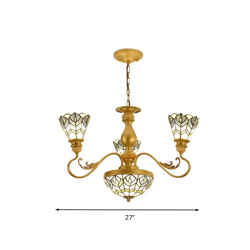Tiffany Peacock Feather Chandelier Lighting 3/5/6 Lights Stained Glass Suspension Light in Gold for Living Room