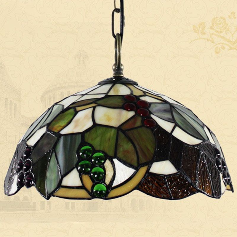 Tiffany 1-Light Pendant Lighting Grapes and Leaf Stained Glass Hanging Ceiling Light
