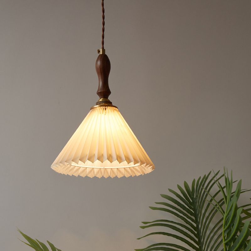 Pleated Fabric Conical Pendant Lamp Minimalist 1-Light Beige Hanging Light for Dining Room